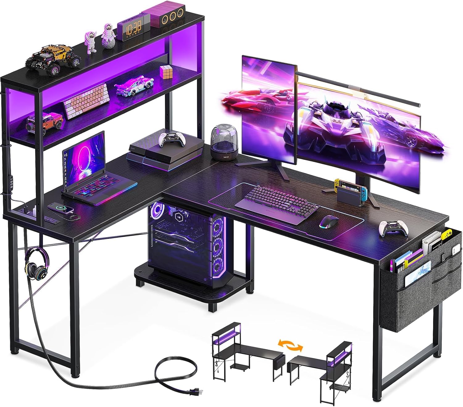 L Shaped Desk with LED Lights  - đánh giá và giá Desk Setup Black
