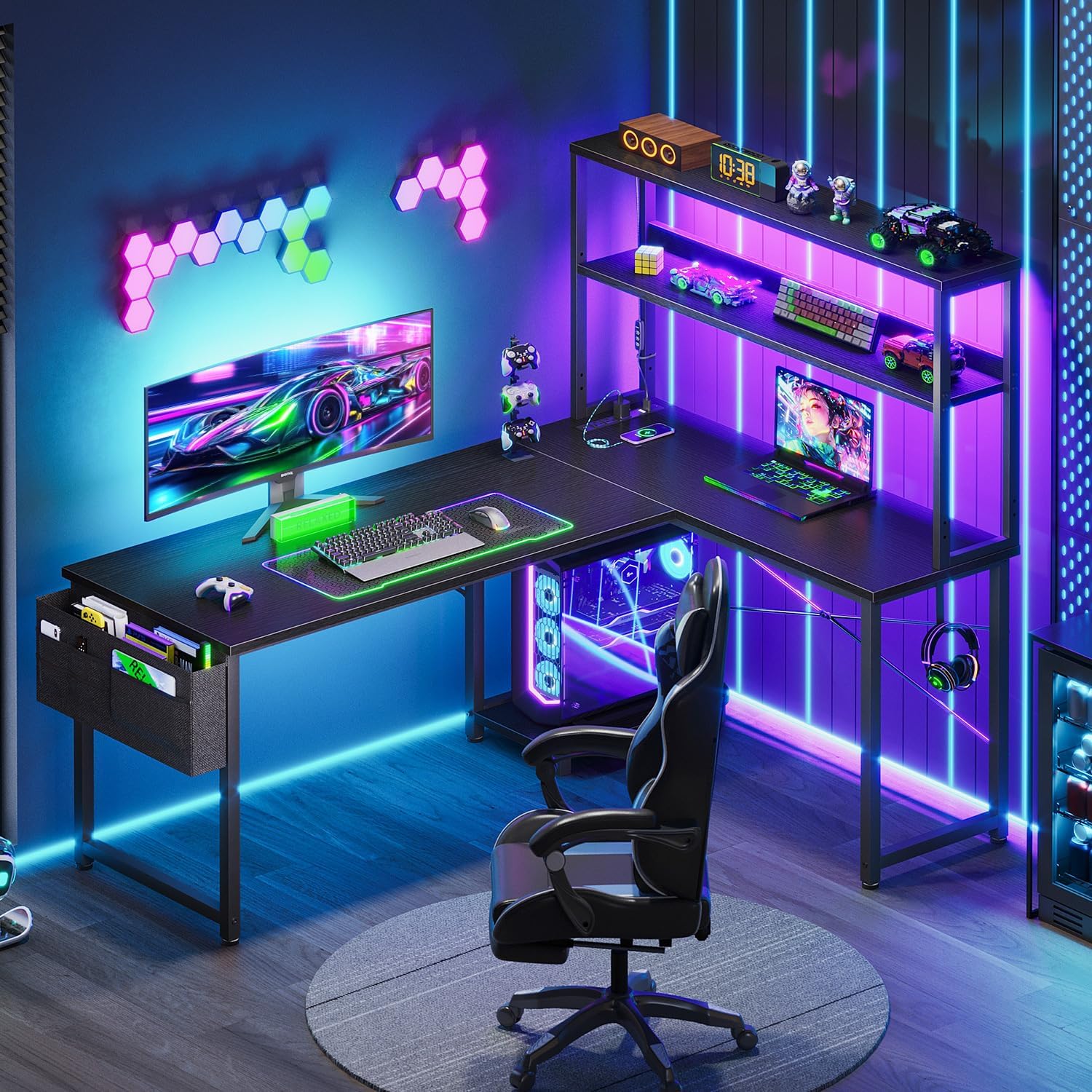 L Shaped Desk with LED Lights  - đánh giá và giá Desk Setup Black