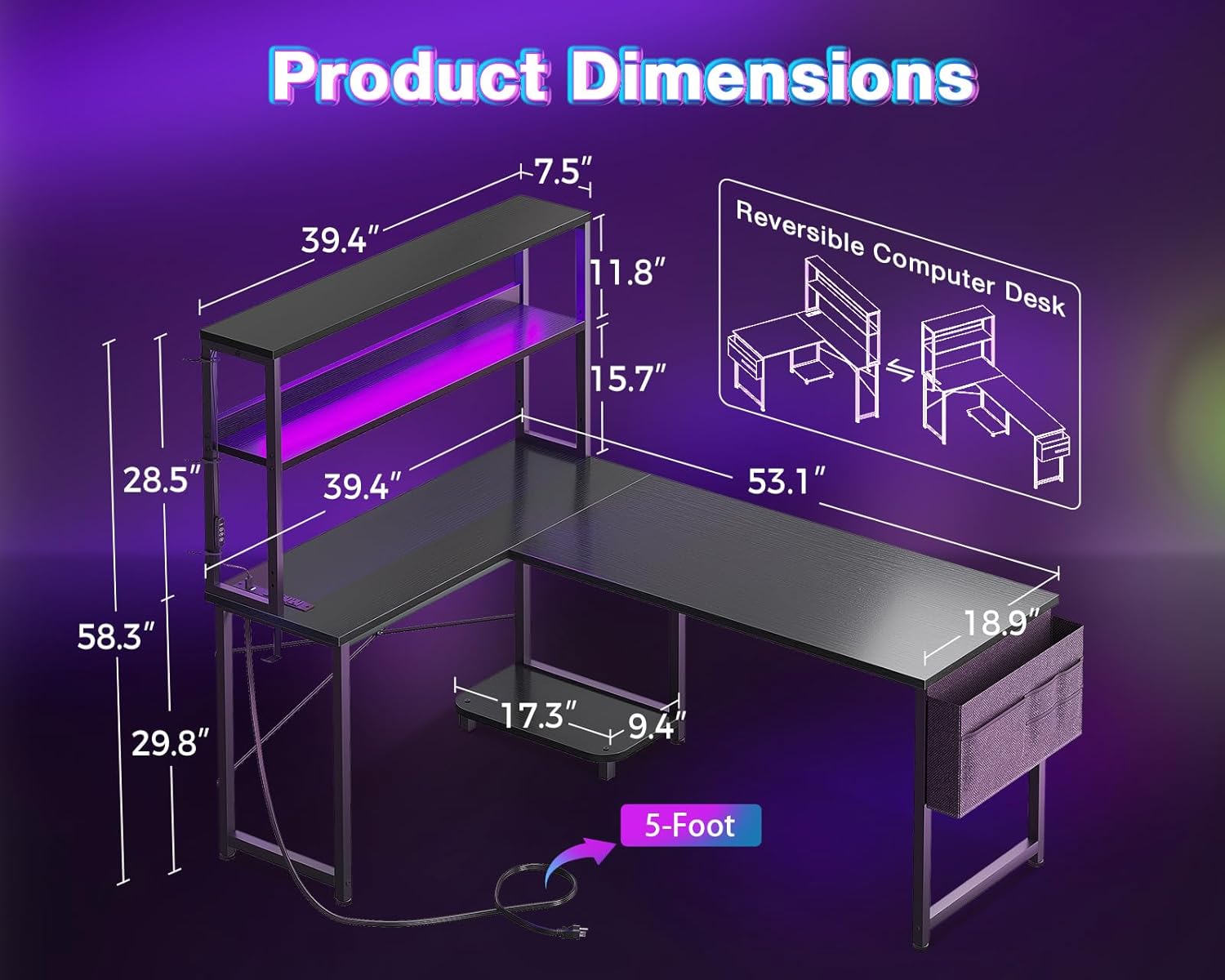 L Shaped Desk with LED Lights  - đánh giá và giá Desk Setup Black